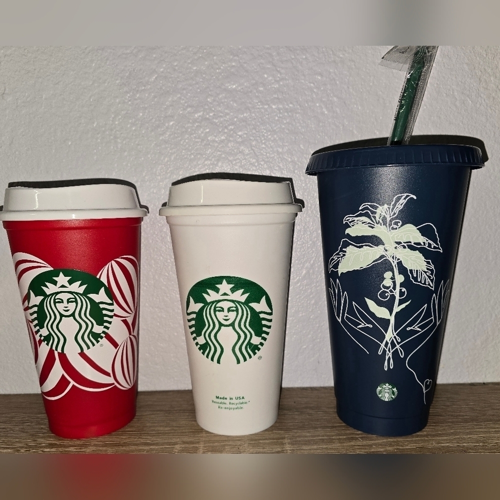LOT of 3 Starbucks Cups Reusable Limited Edition Christmas Plastic Tumblers